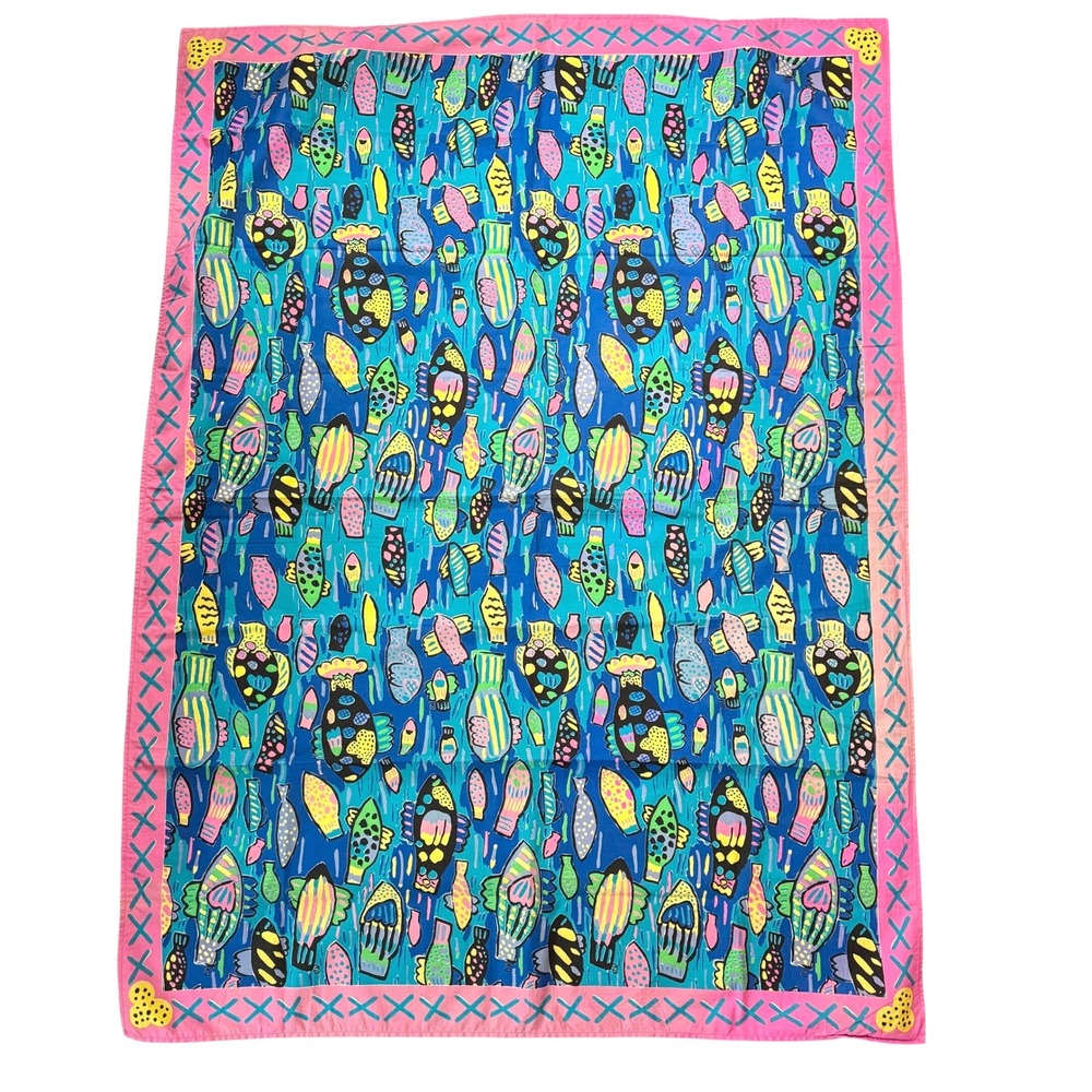 VTG 80s 90s Ken Done Beachwear Pareo Cover Up Wrap Blue Pink Tropical Fish Print